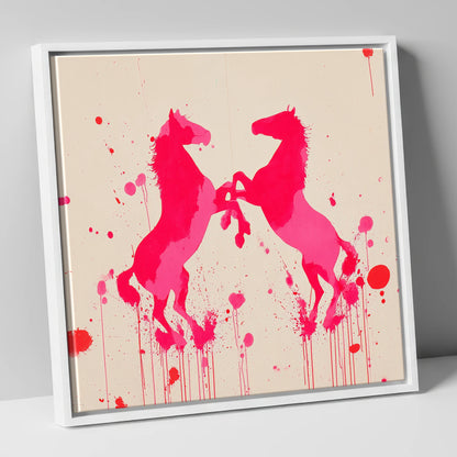 Rearing in Magenta wild horses canvas wall art in white frame