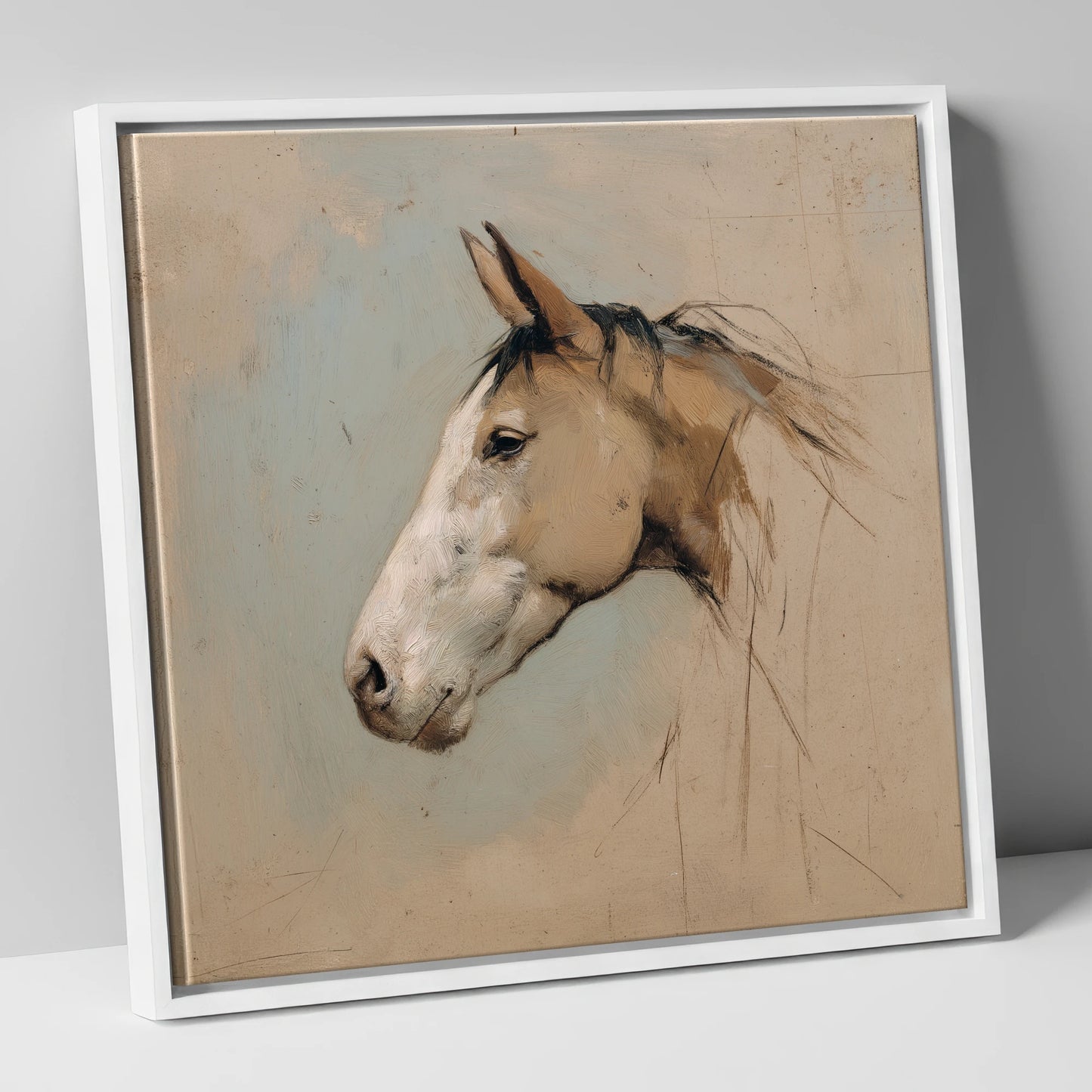 Muted Equine Profile horse portrait canvas wall art in white frame