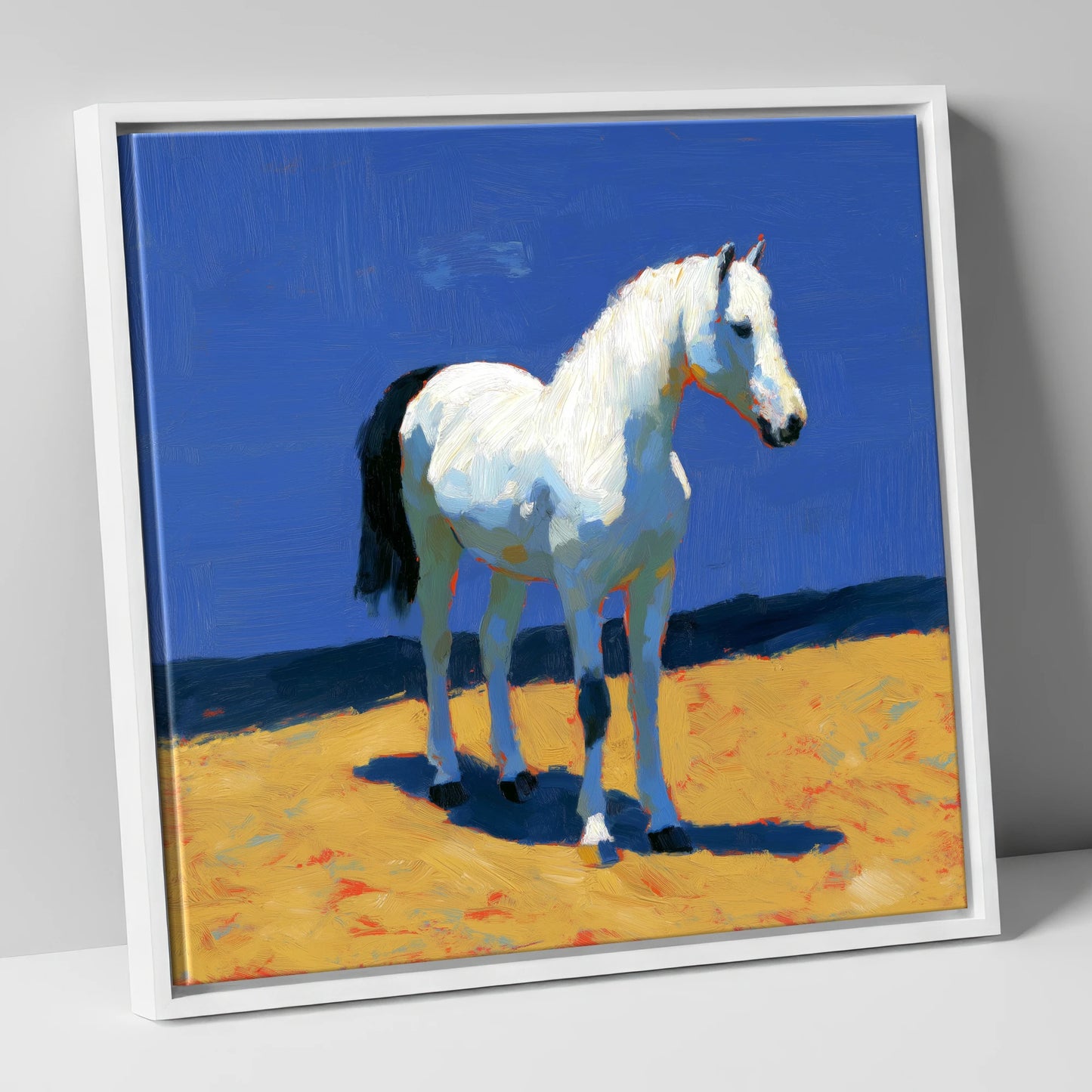 Sunlit Grey horse breed canvas wall art in white frame