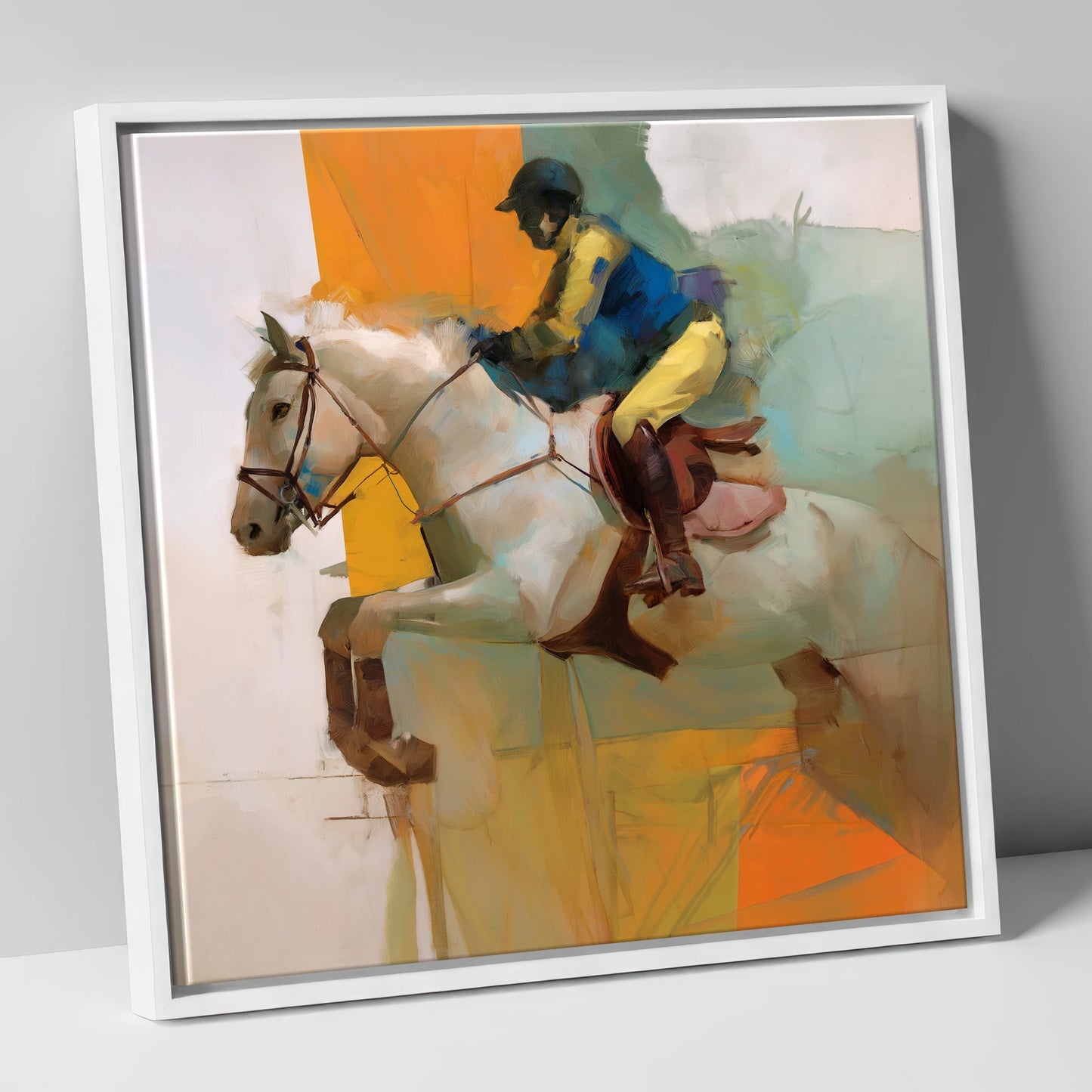 Flight in Vibrant Colour show jumping horse canvas wall art in white frame