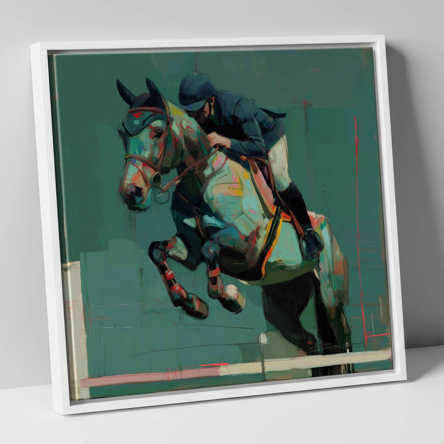 The Perfect Clearance show jumping horse canvas wall art in white frame