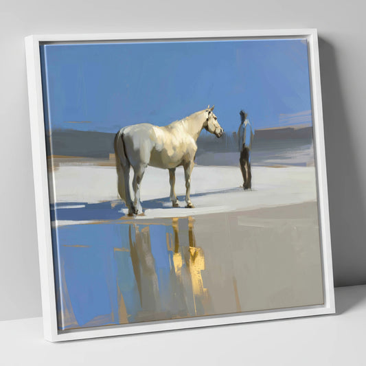 Shared Blue Horizon horse & rider canvas wall art in white frame