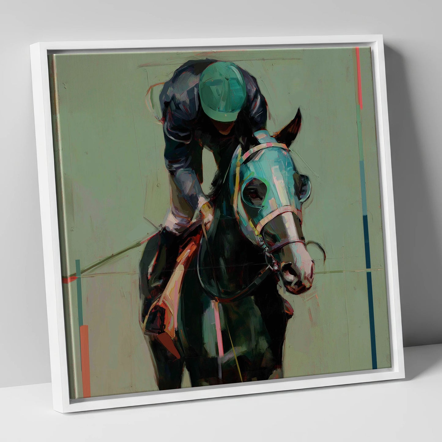 Blinkered Focus racing horse canvas wall art in white frame