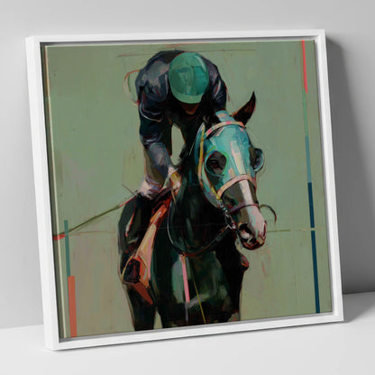Blinkered Focus racing horse canvas wall art in white frame