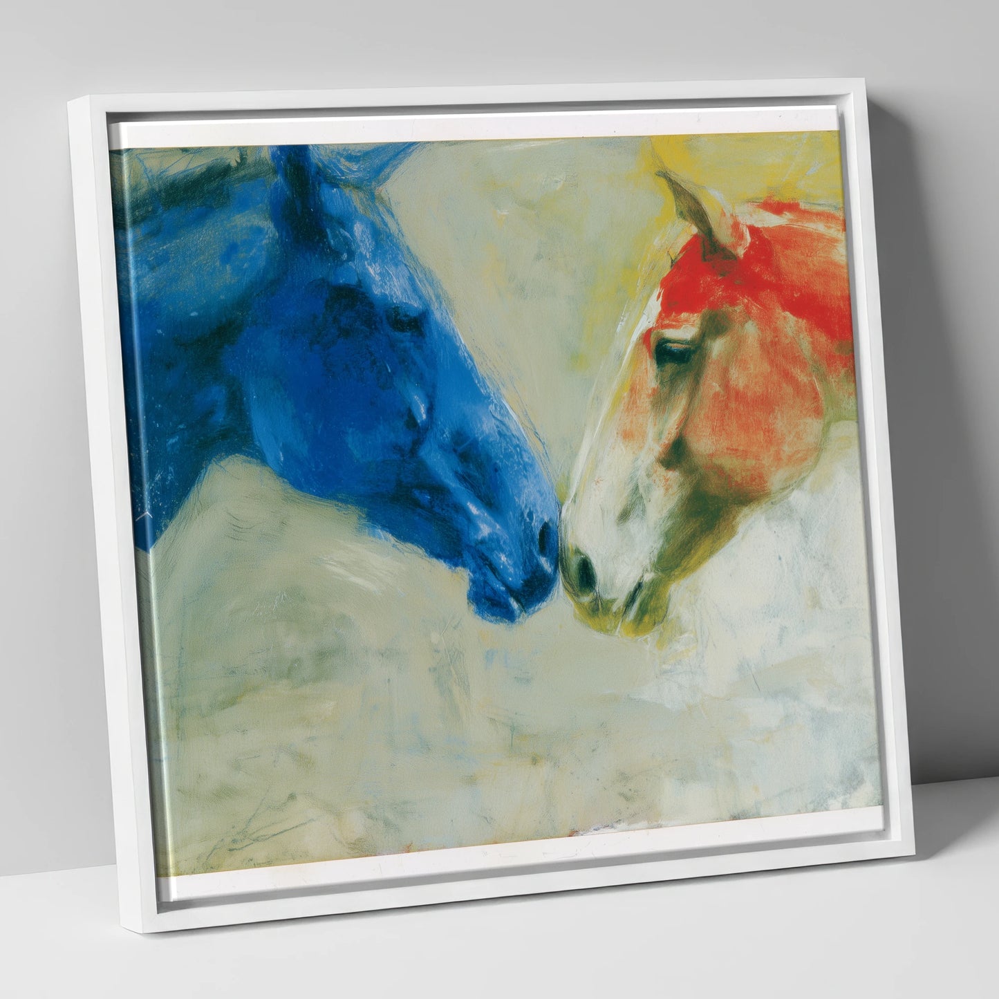 Cerulean and Crimson Bond horse portrait canvas wall art in white frame