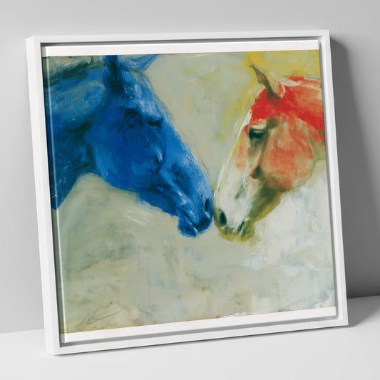 Cerulean and Crimson Bond horse portrait canvas wall art in white frame