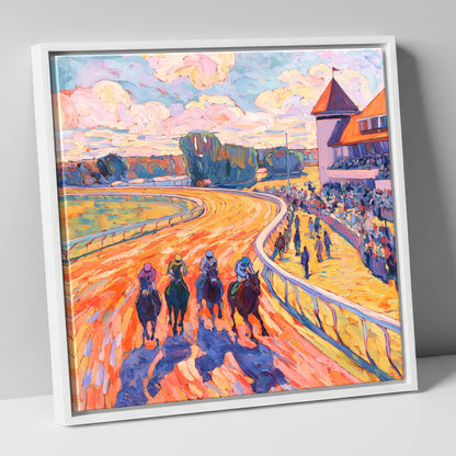 Colours of the Home Straight racing horse canvas wall art in white frame