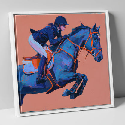 Indigo Leap show jumping horse canvas wall art in white frame