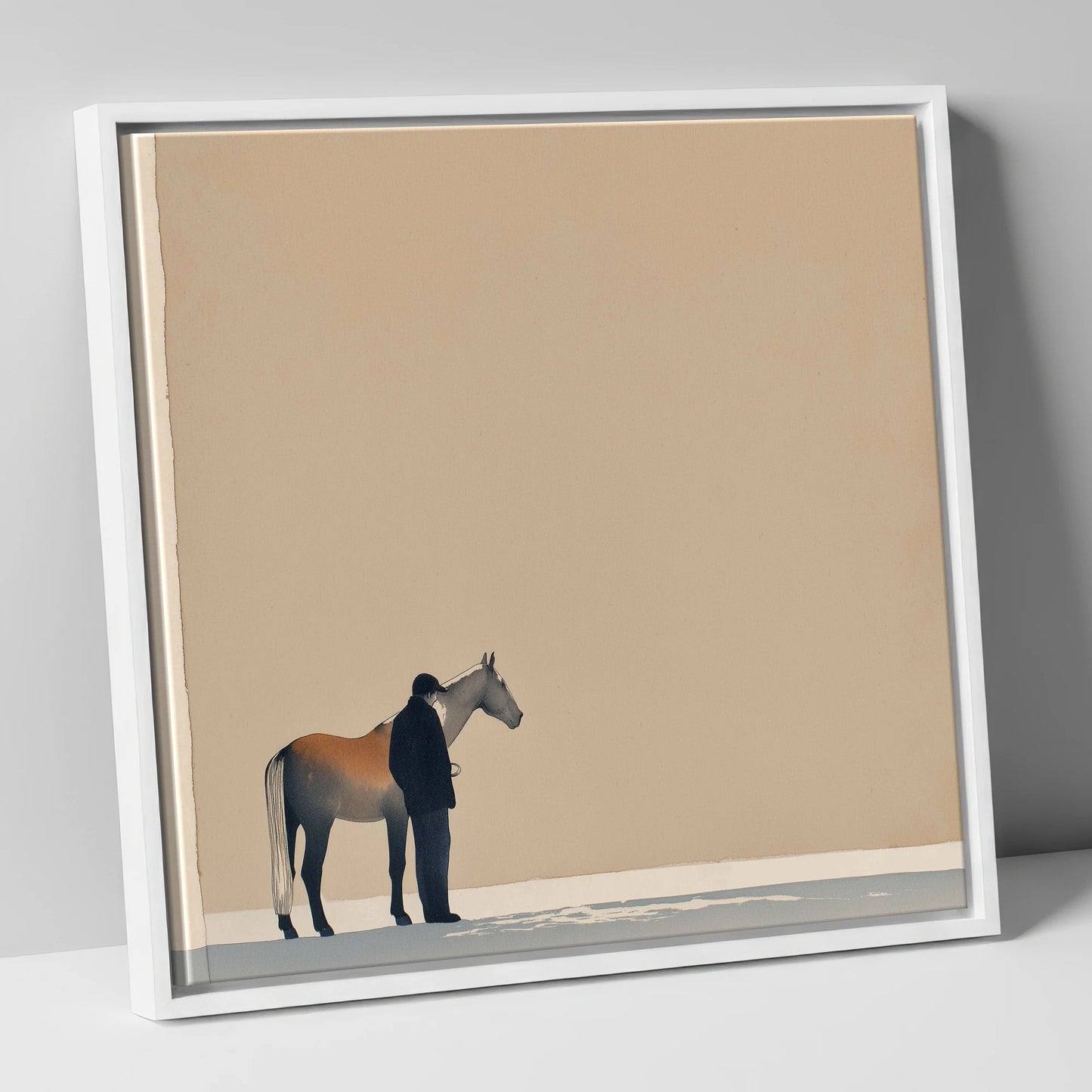 Stillness Together horse & rider canvas wall art in white frame