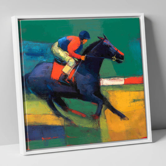 Thundering Colours racing horse canvas wall art in white frame