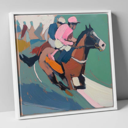 The Leading Edge in Rose racing horse canvas wall art in white frame
