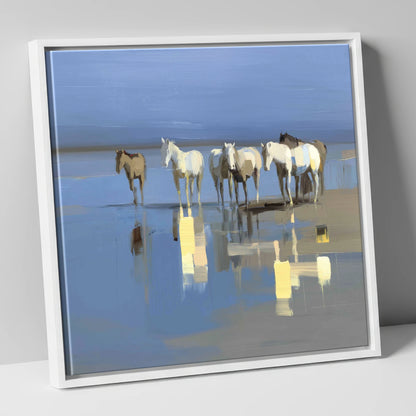 Reflections in Blue wild horses canvas wall art in white frame