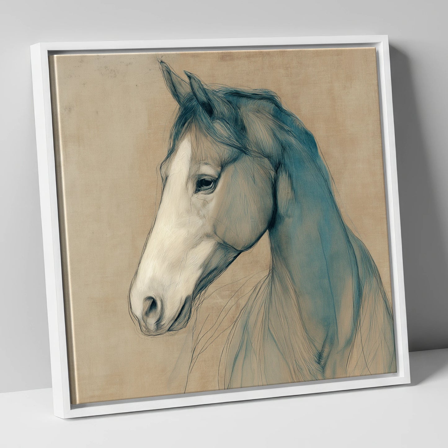 Teal Equine Study horse portrait canvas wall art in white frame