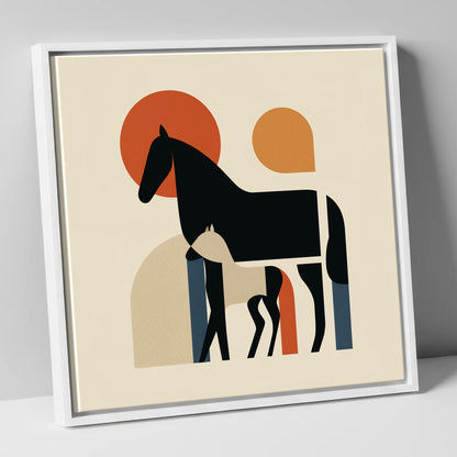 Modernist Matriarch mare & foal canvas wall art in white frame