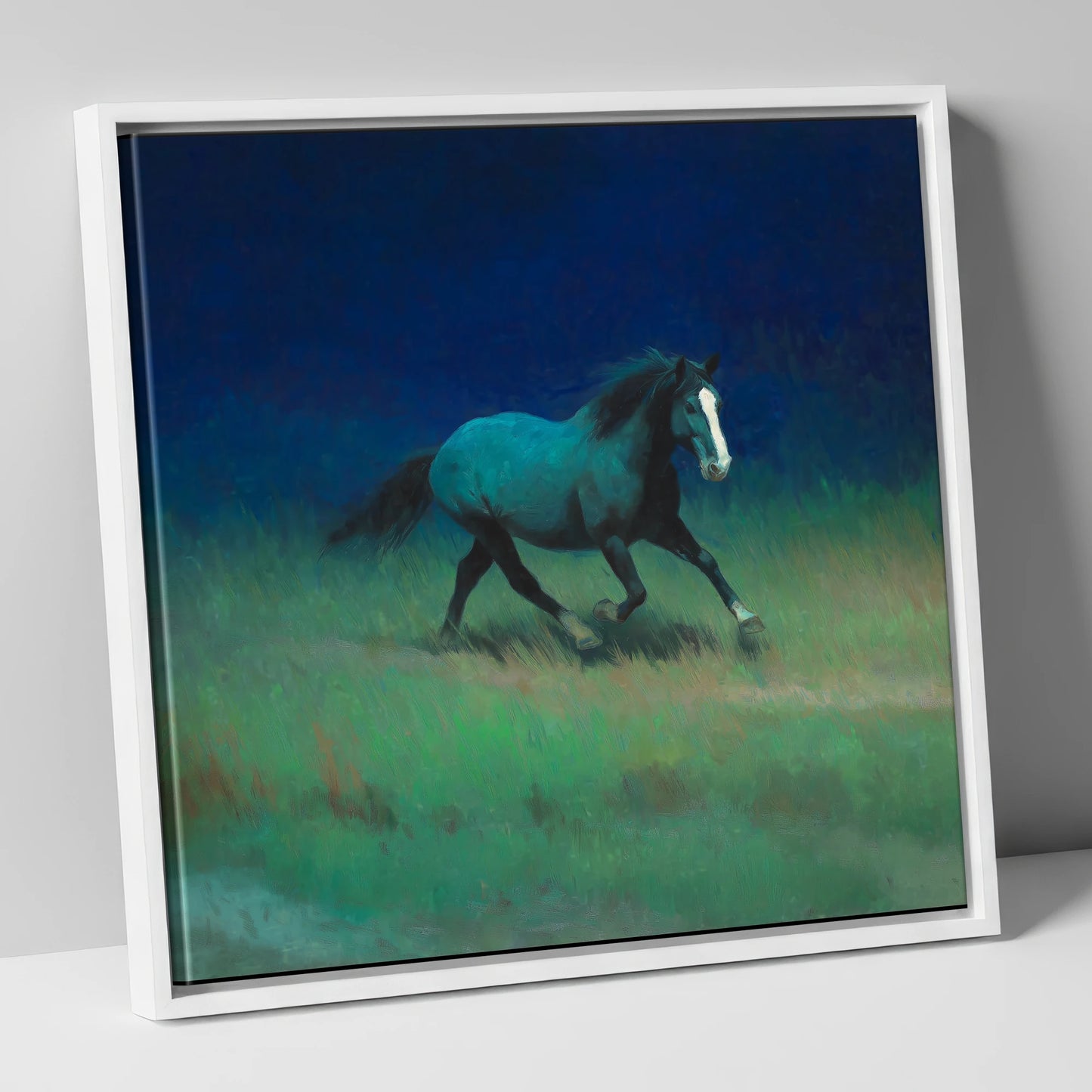 Midnight Canter horse landscape canvas wall art in white frame