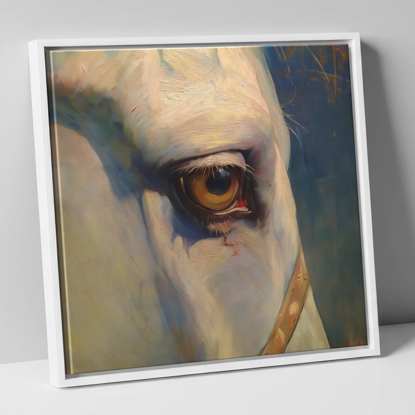 The Knowing Eye horse portrait canvas wall art in white frame