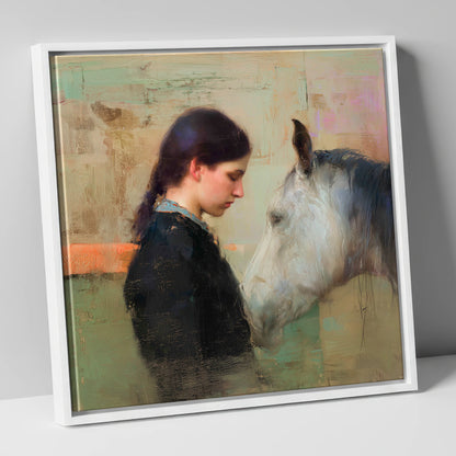 The Silent Bond horse & rider canvas wall art in white frame