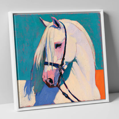 Vibrant Grey Horse on Teal horse breed canvas wall art in white frame