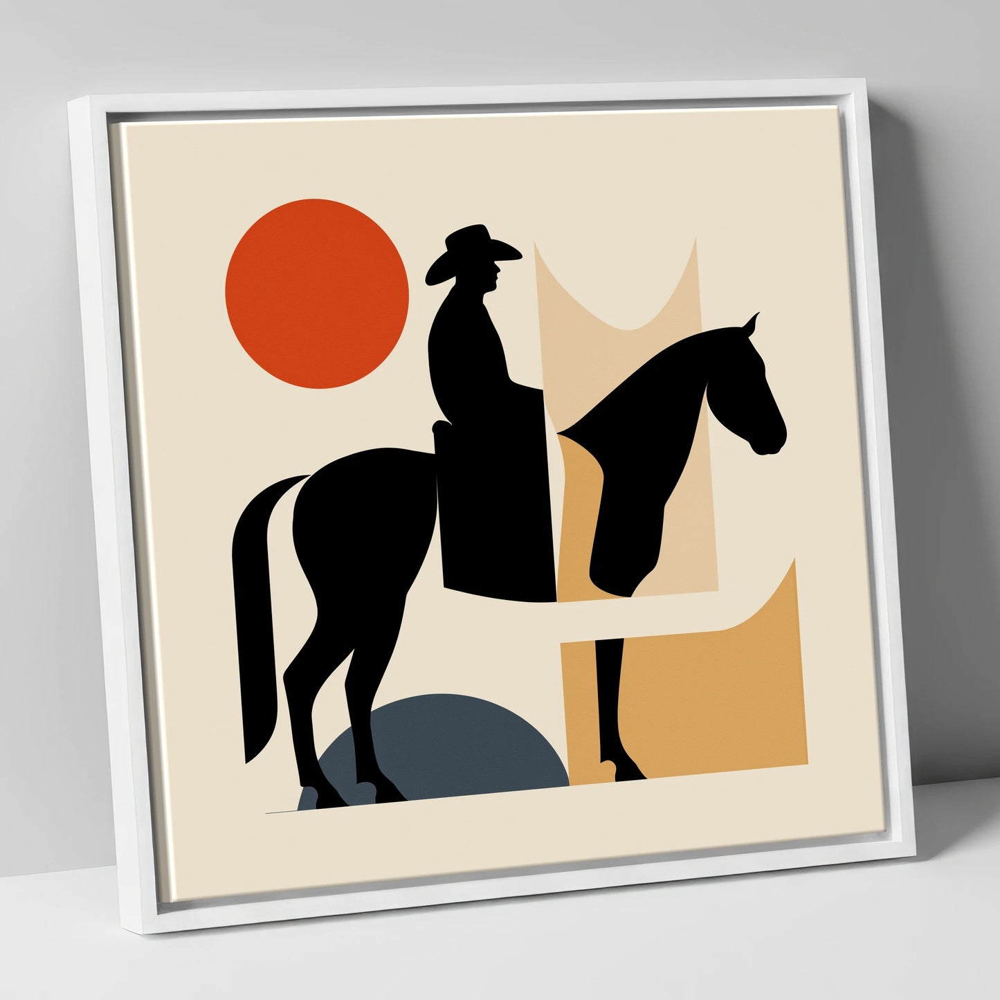 Abstract Western Silhouette western horse canvas wall art in white frame