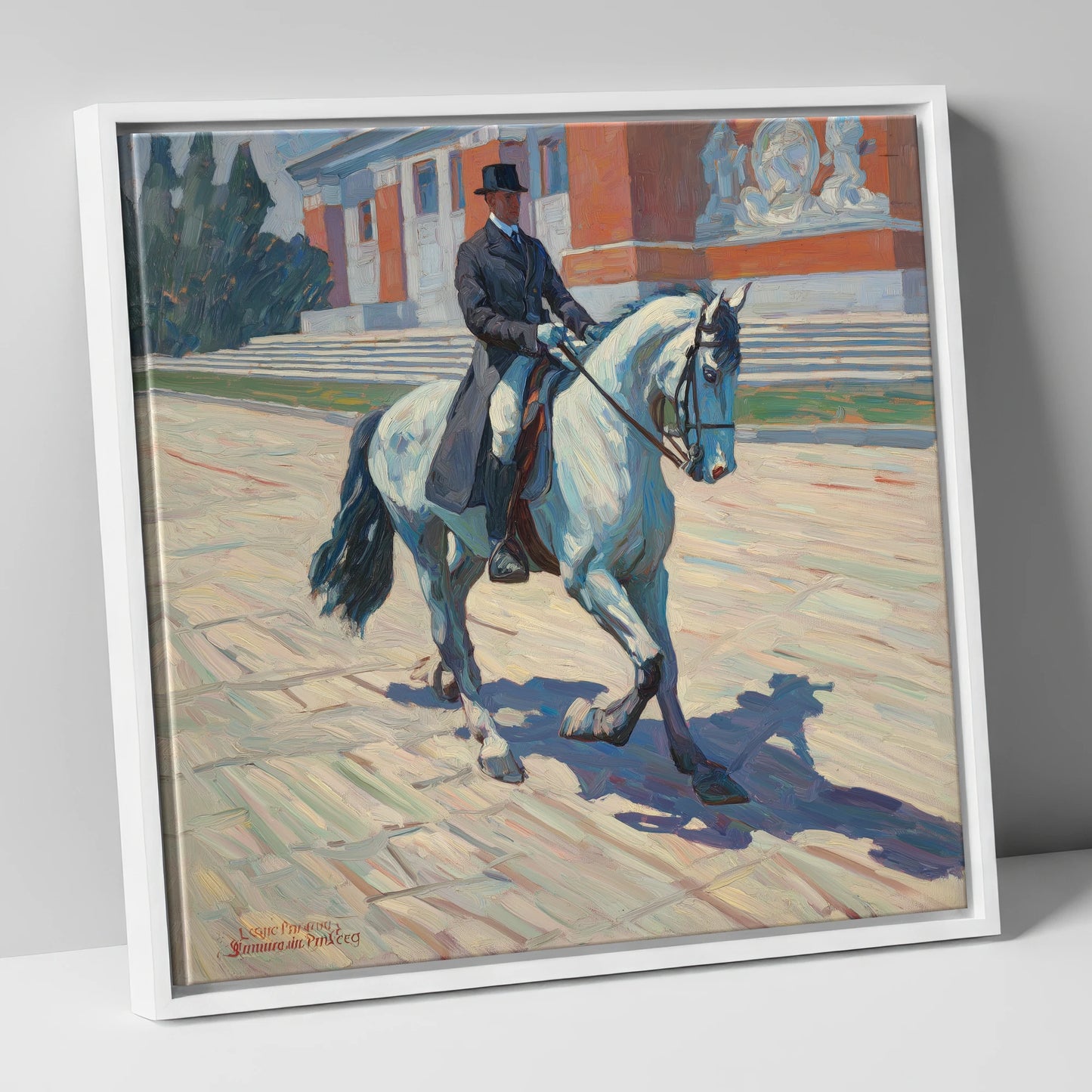 Sunlit Dressage Passage dressage horse canvas wall art in white frame