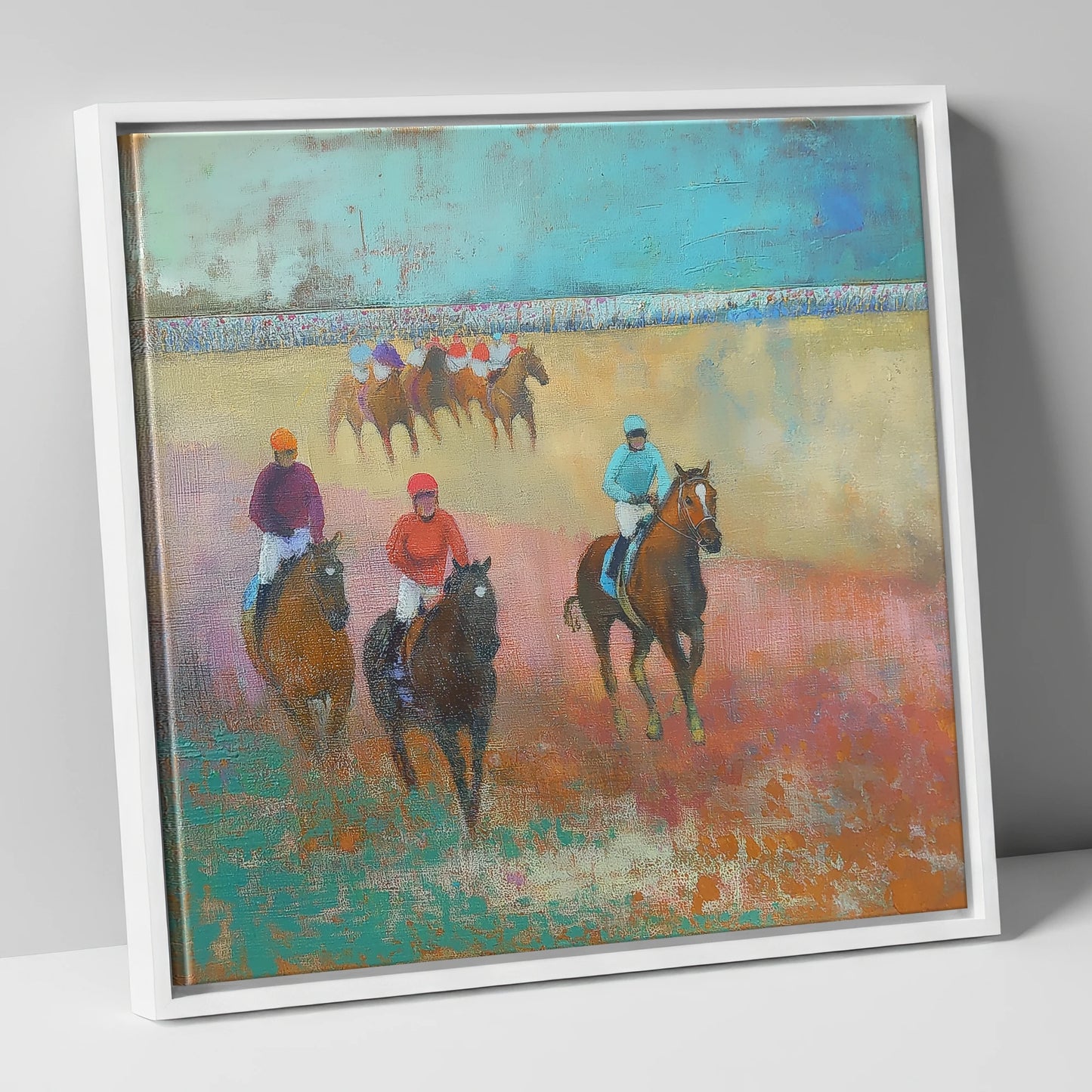 Silks Across the Furlong racing horse canvas wall art in white frame