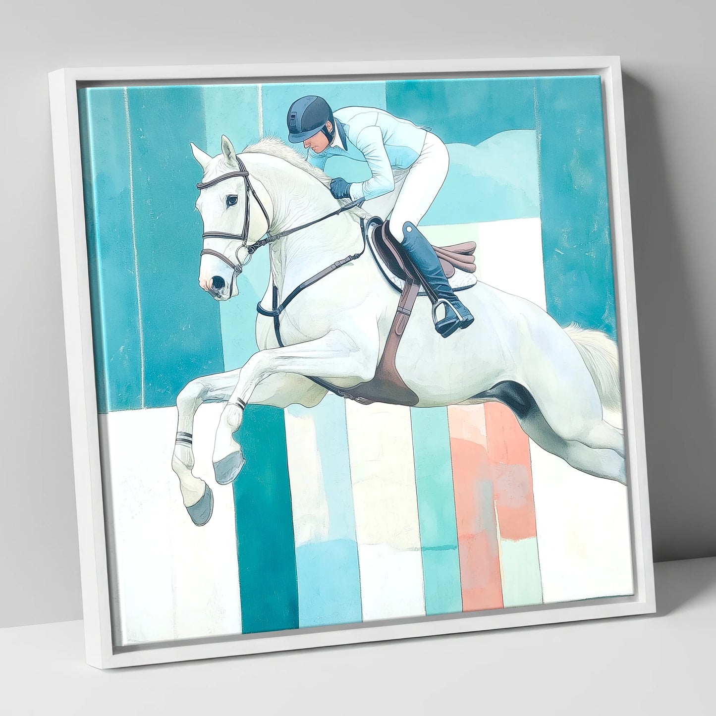 Aquamarine Ascent show jumping horse canvas wall art in white frame