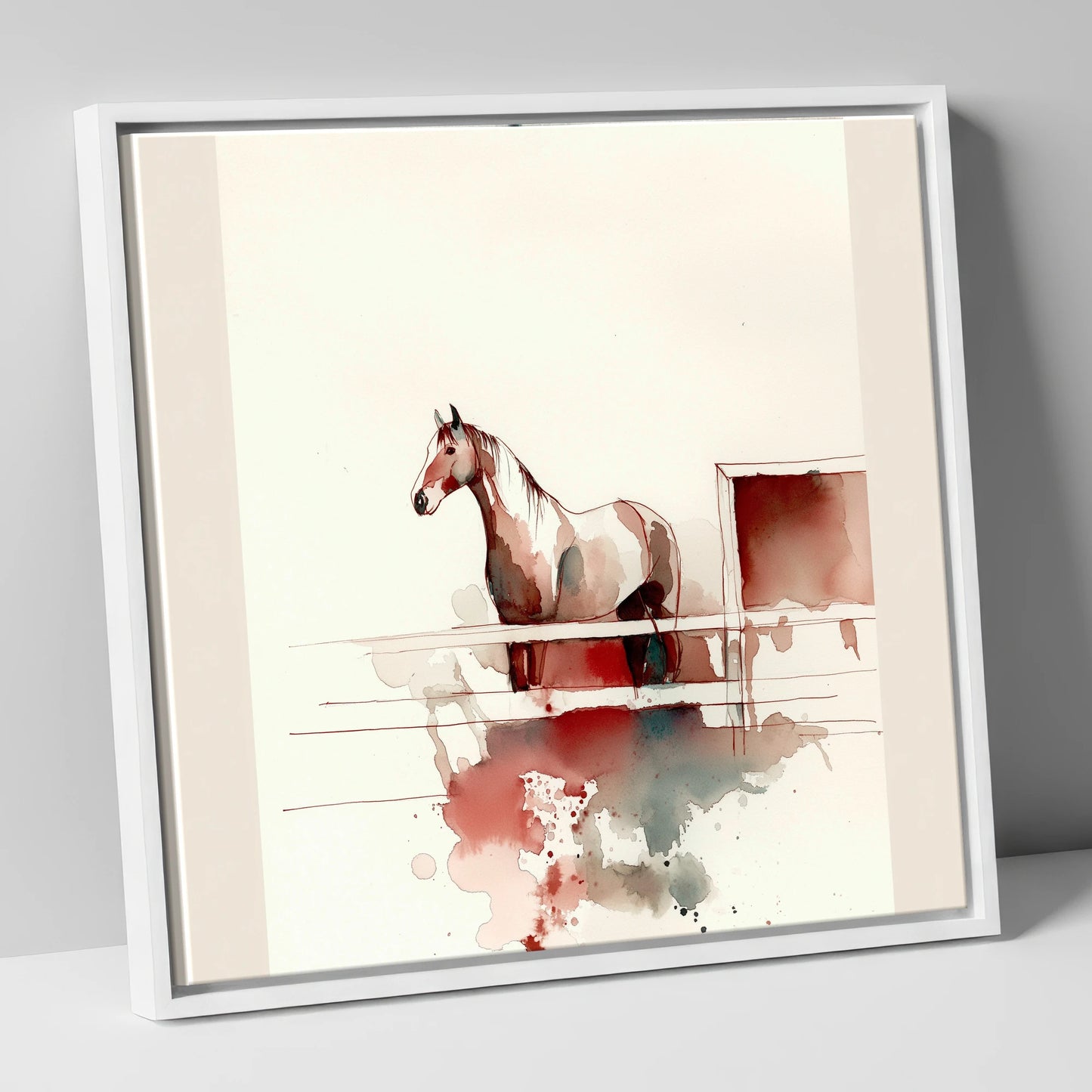 Watching from the Rails horse stable canvas wall art in white frame