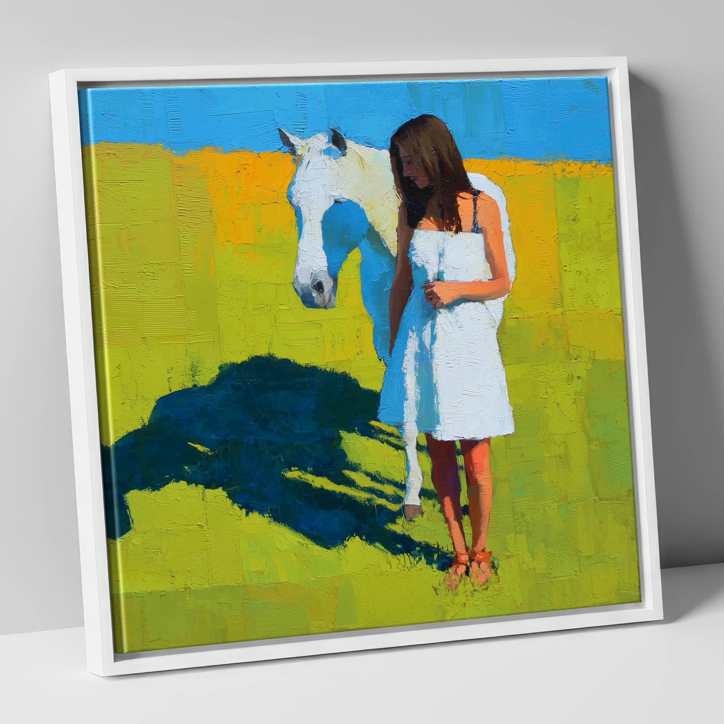 High Summer Shadows horse & rider canvas wall art in white frame