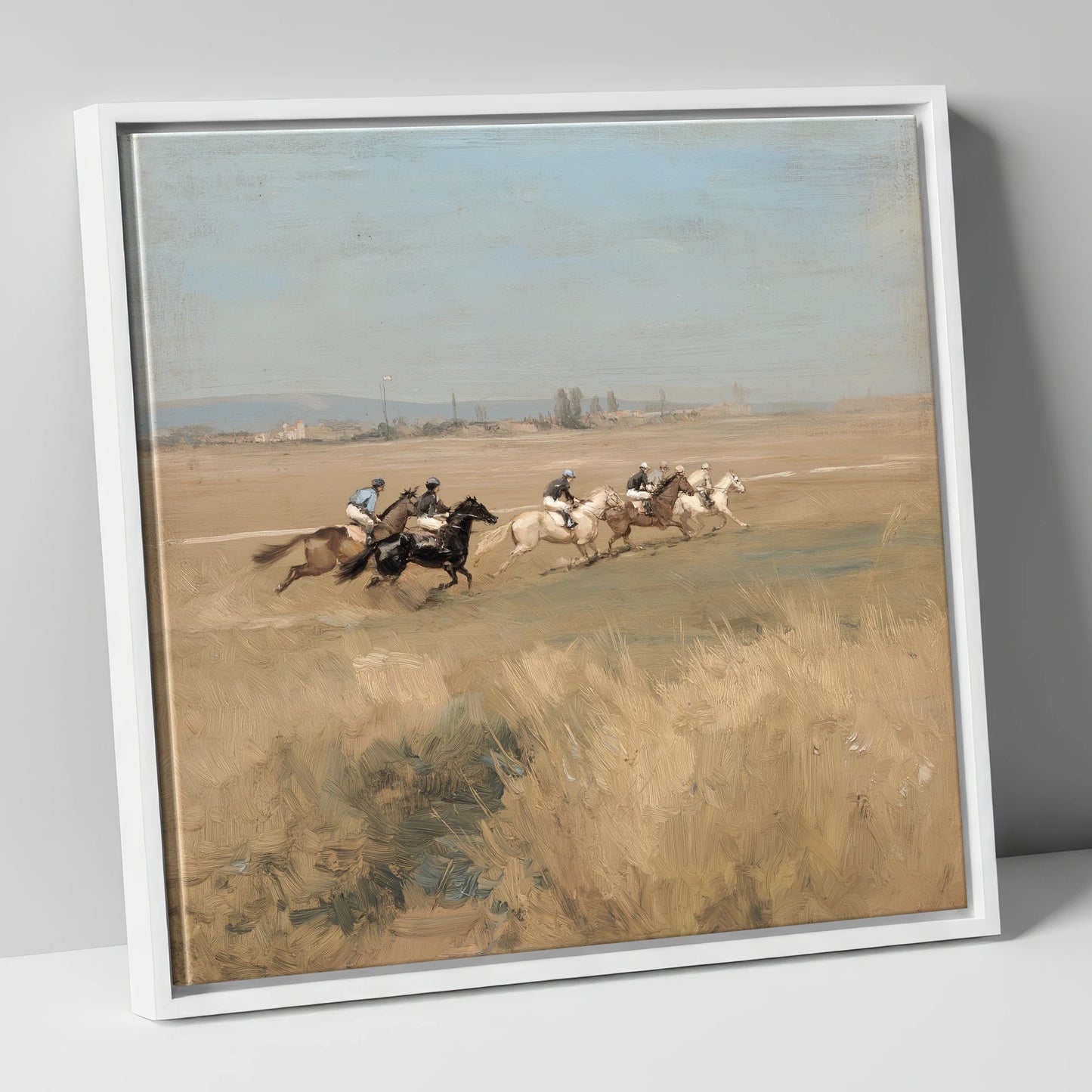 The Morning Gallop racing horse canvas wall art in white frame