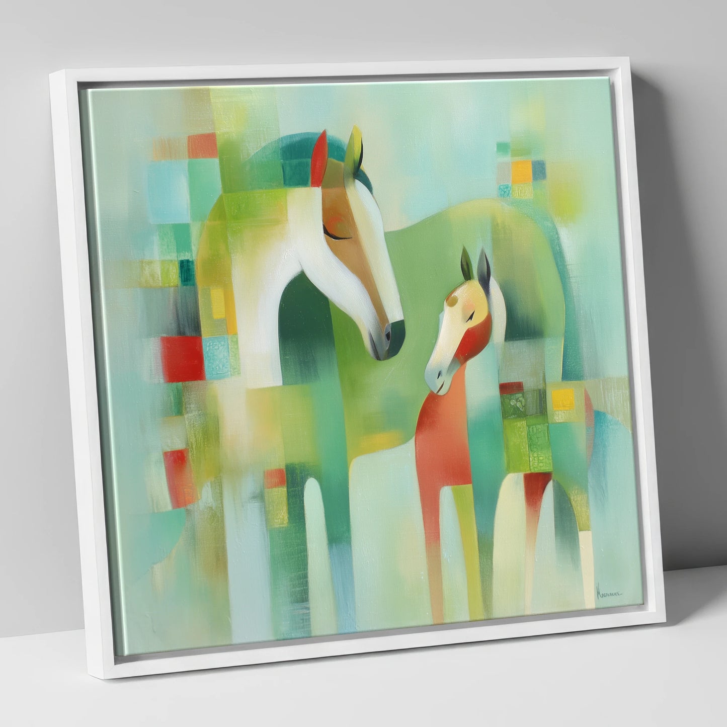 Contemporary Equine Harmony mare & foal canvas wall art in white frame