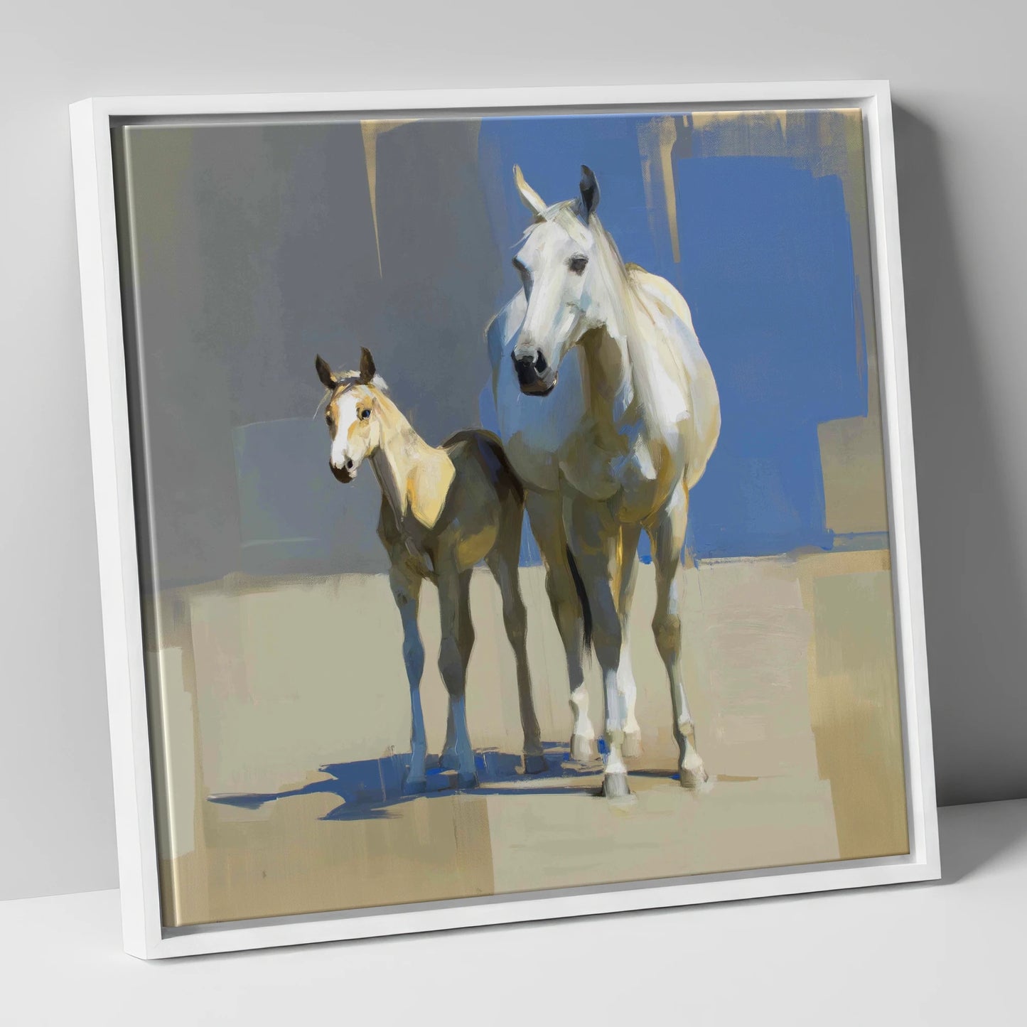 Sunlit Bonds mare & foal canvas wall art in white frame