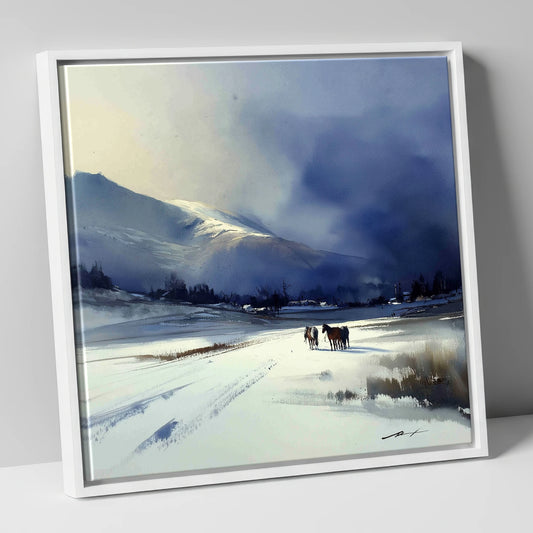 Indigo Winter Valley horse landscape canvas wall art in white frame