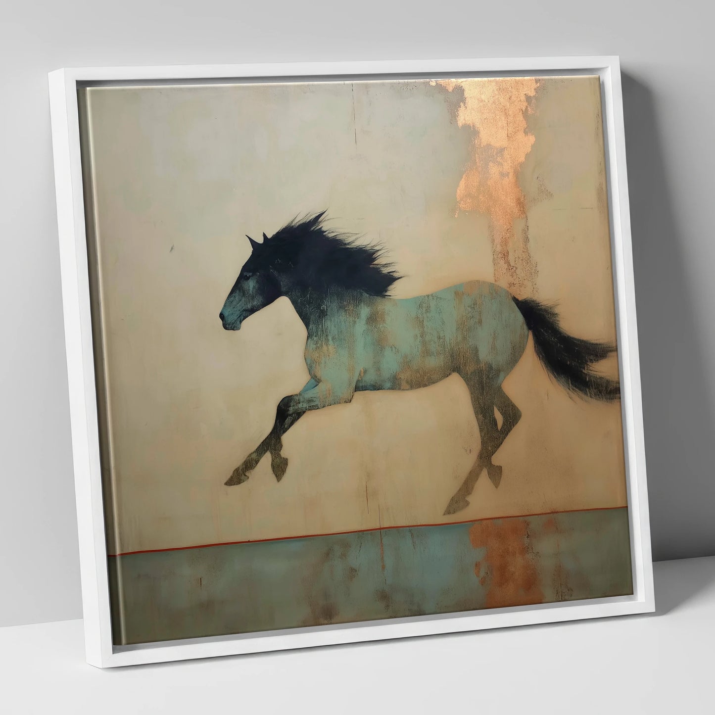 Gilded Equine Spirit horse portrait canvas wall art in white frame
