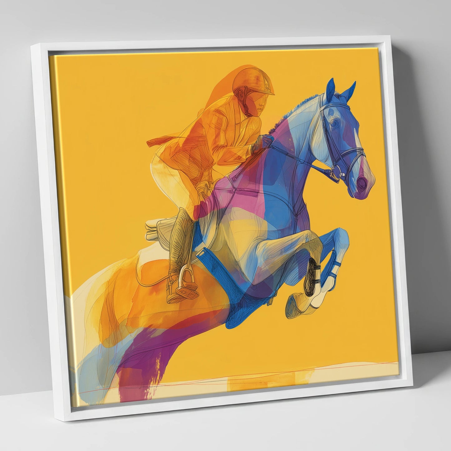 Vivid Ascent show jumping horse canvas wall art in white frame