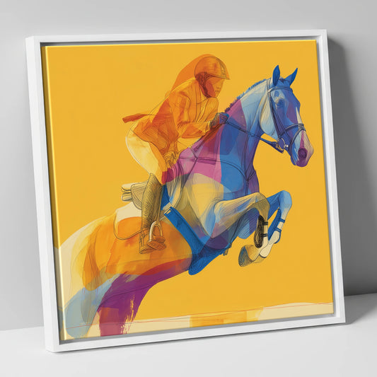 Jumping Horse on Golden Yellow show jumping horse canvas wall art in white frame