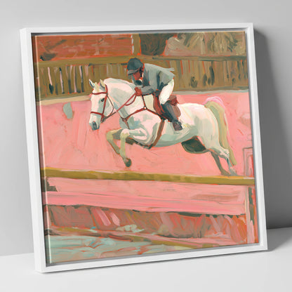 Flight in Dusty Pink show jumping horse canvas wall art in white frame