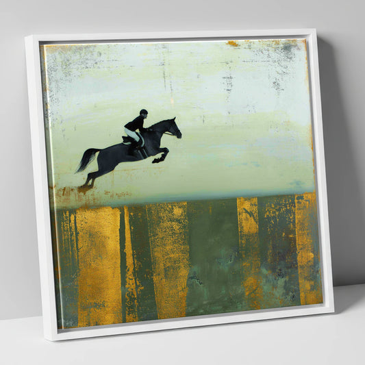 Gilded Flight show jumping horse canvas wall art in white frame
