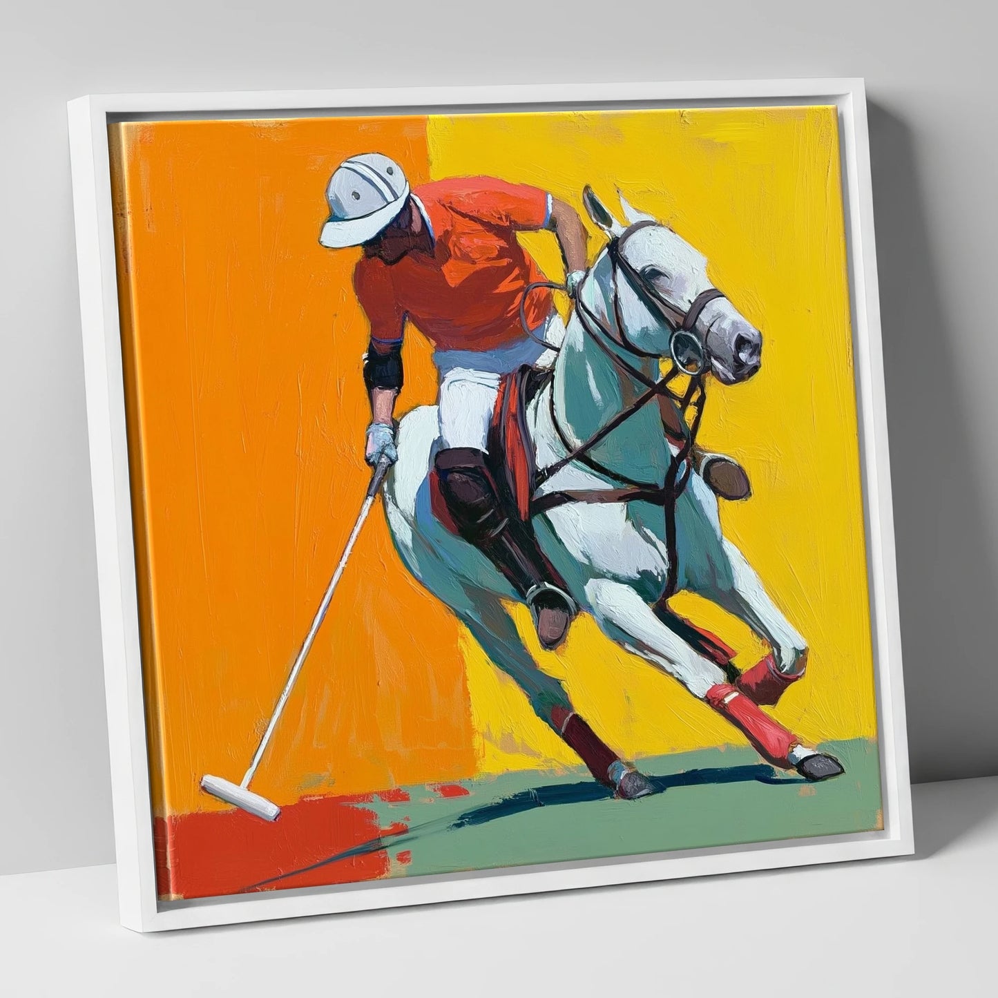 Mid-Swing Momentum polo horse canvas wall art in white frame