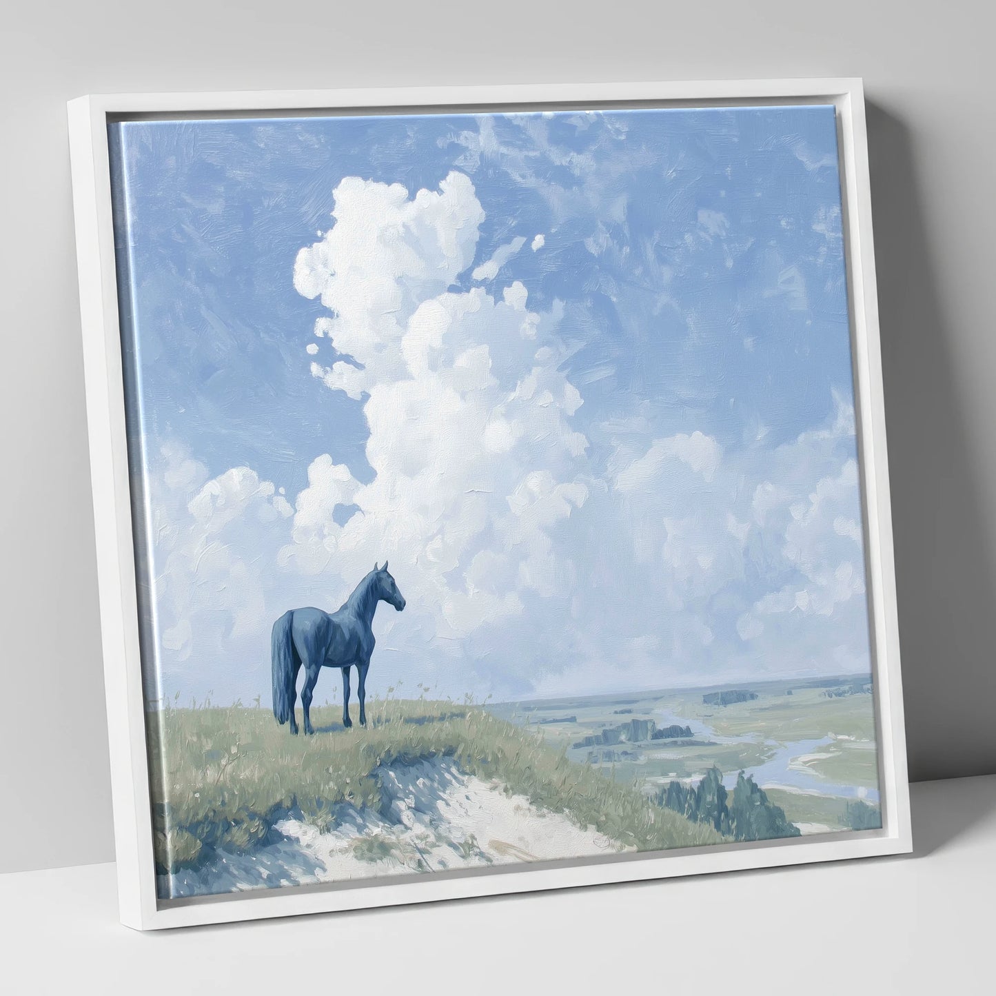 Guardian of the Valley horse landscape canvas wall art in white frame
