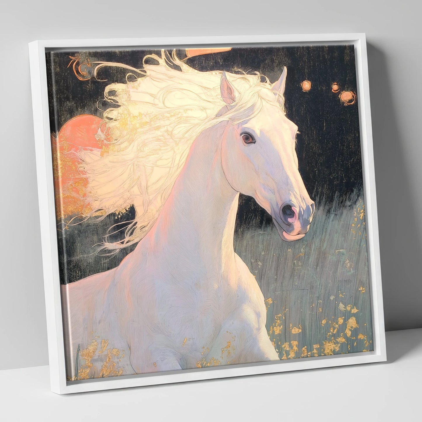 Celestial Grey horse portrait canvas wall art in white frame