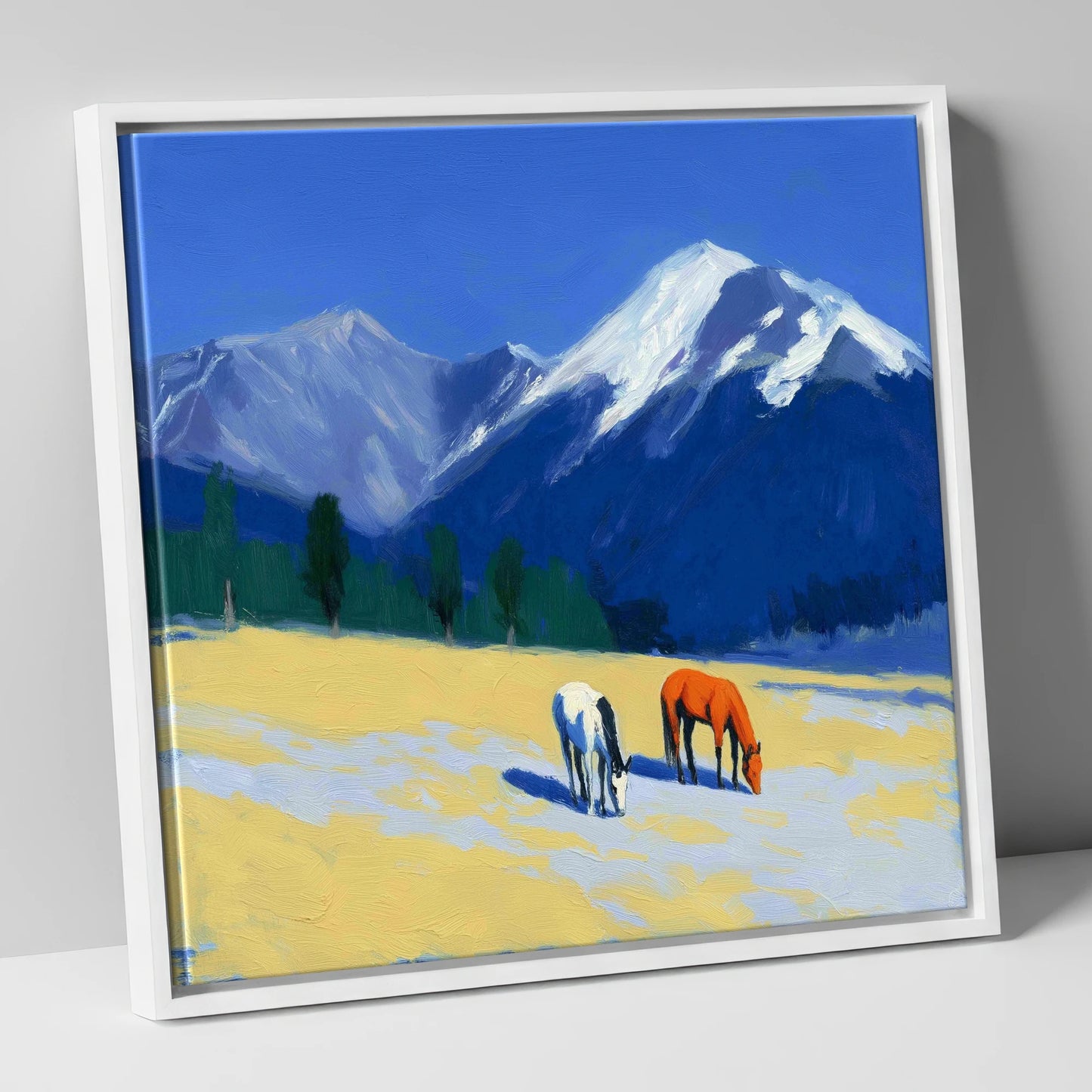 Azure Peaks and Golden Grazing horse landscape canvas wall art in white frame