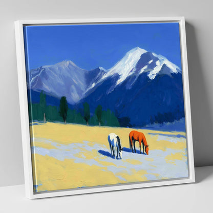 Azure Peaks and Golden Grazing horse landscape canvas wall art in white frame