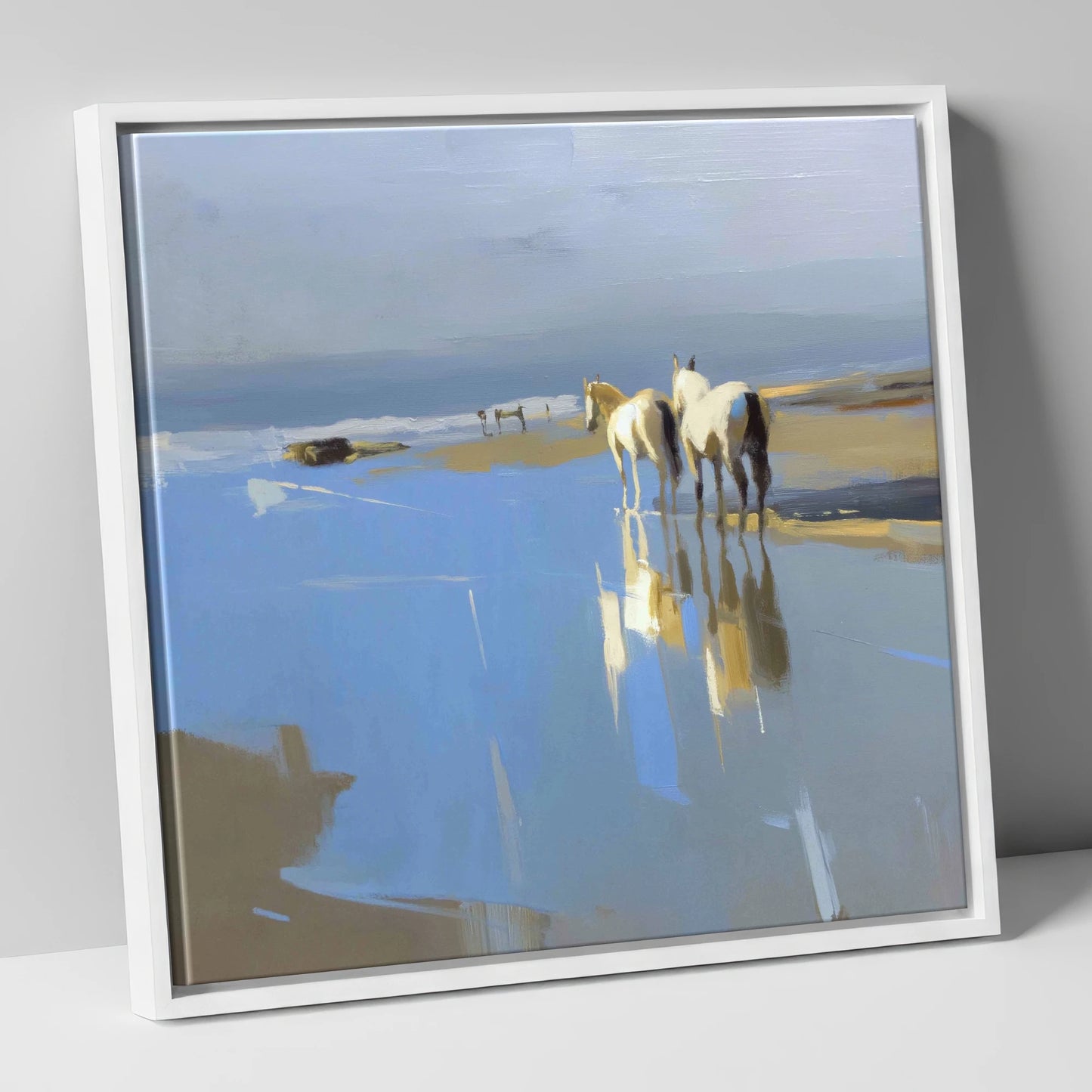 Sunlit Coastal Reflections horse landscape canvas wall art in white frame