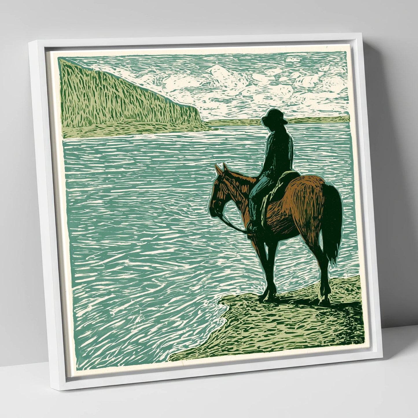 Watching the Tide beach horse canvas wall art in white frame