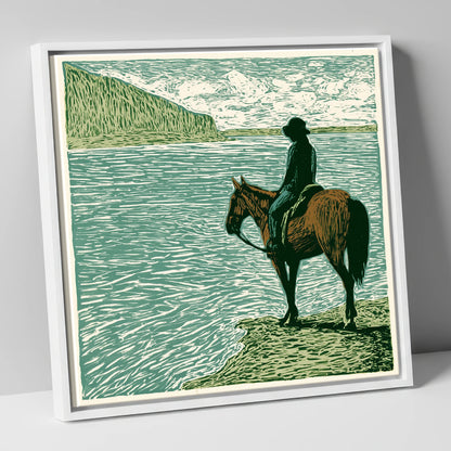 Watching the Tide beach horse canvas wall art in white frame