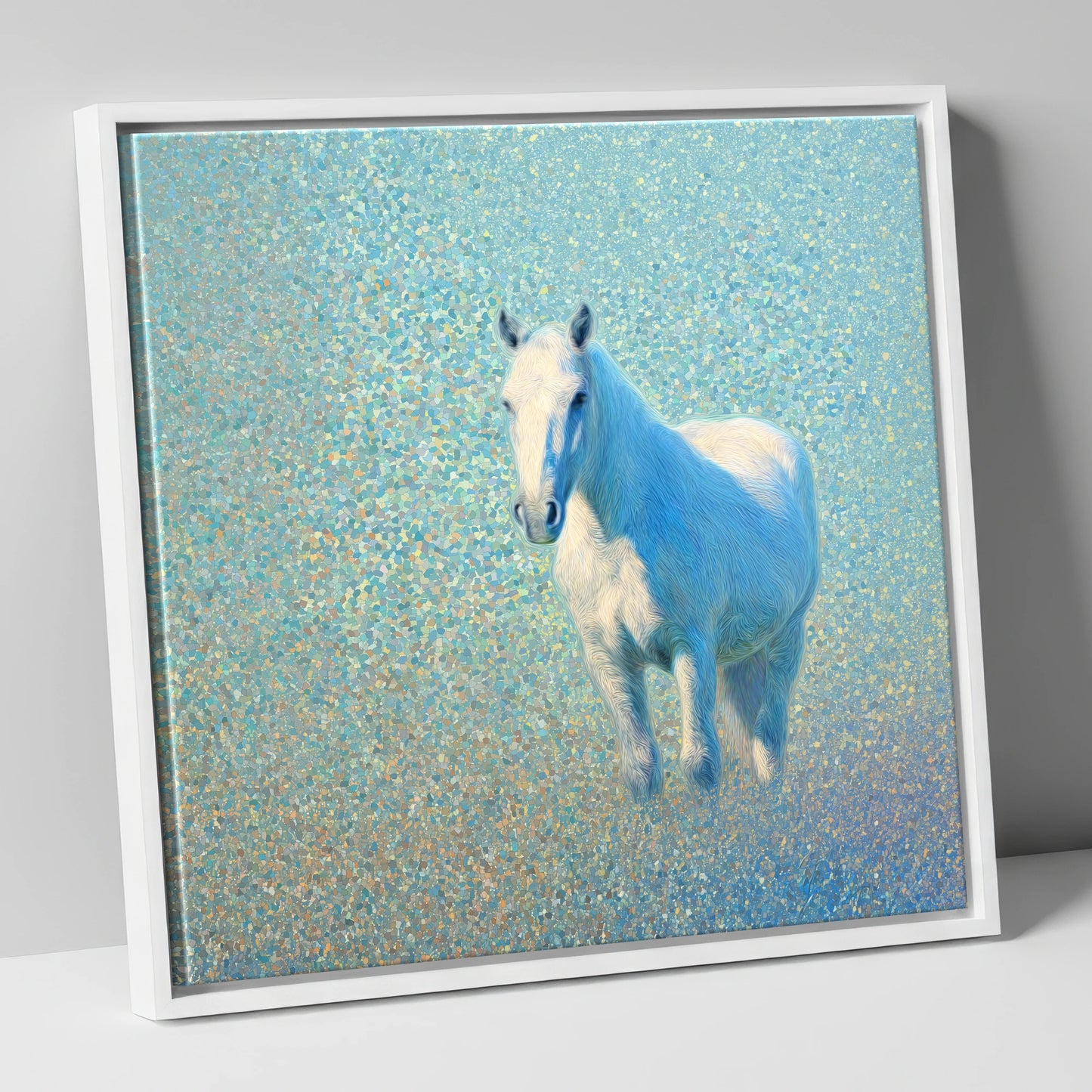 Luminous Azure Grey horse portrait canvas wall art in white frame