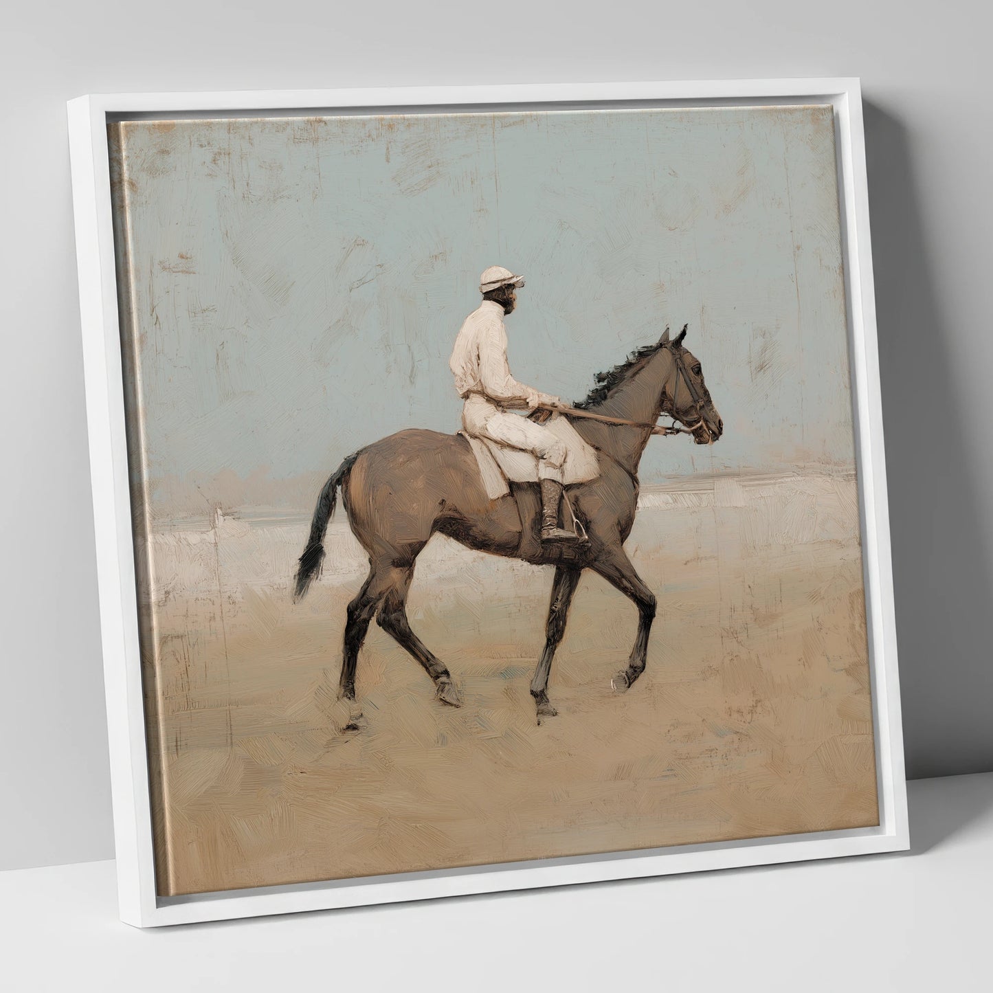 The White Silks racing horse canvas wall art in white frame
