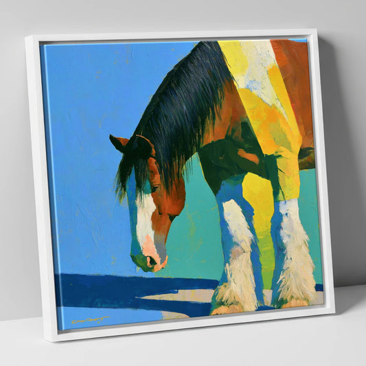Clydesdale Horse Against Blue Sky horse breed canvas wall art in white frame