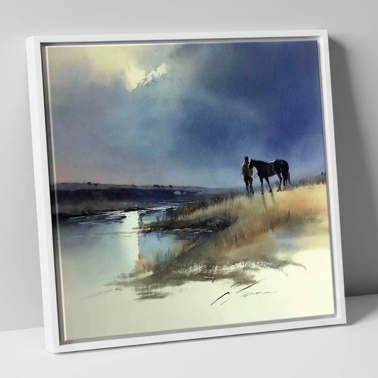 Storm Light Companions horse & rider canvas wall art in white frame