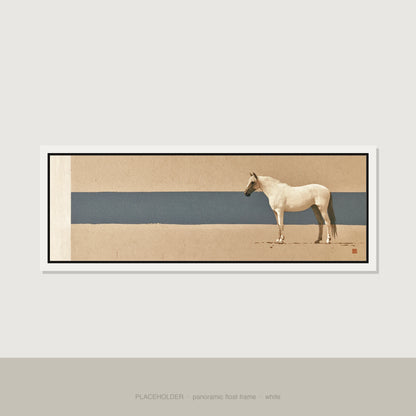 Minimalist Horizon Horse Landscape panoramic canvas wall art in white float frame